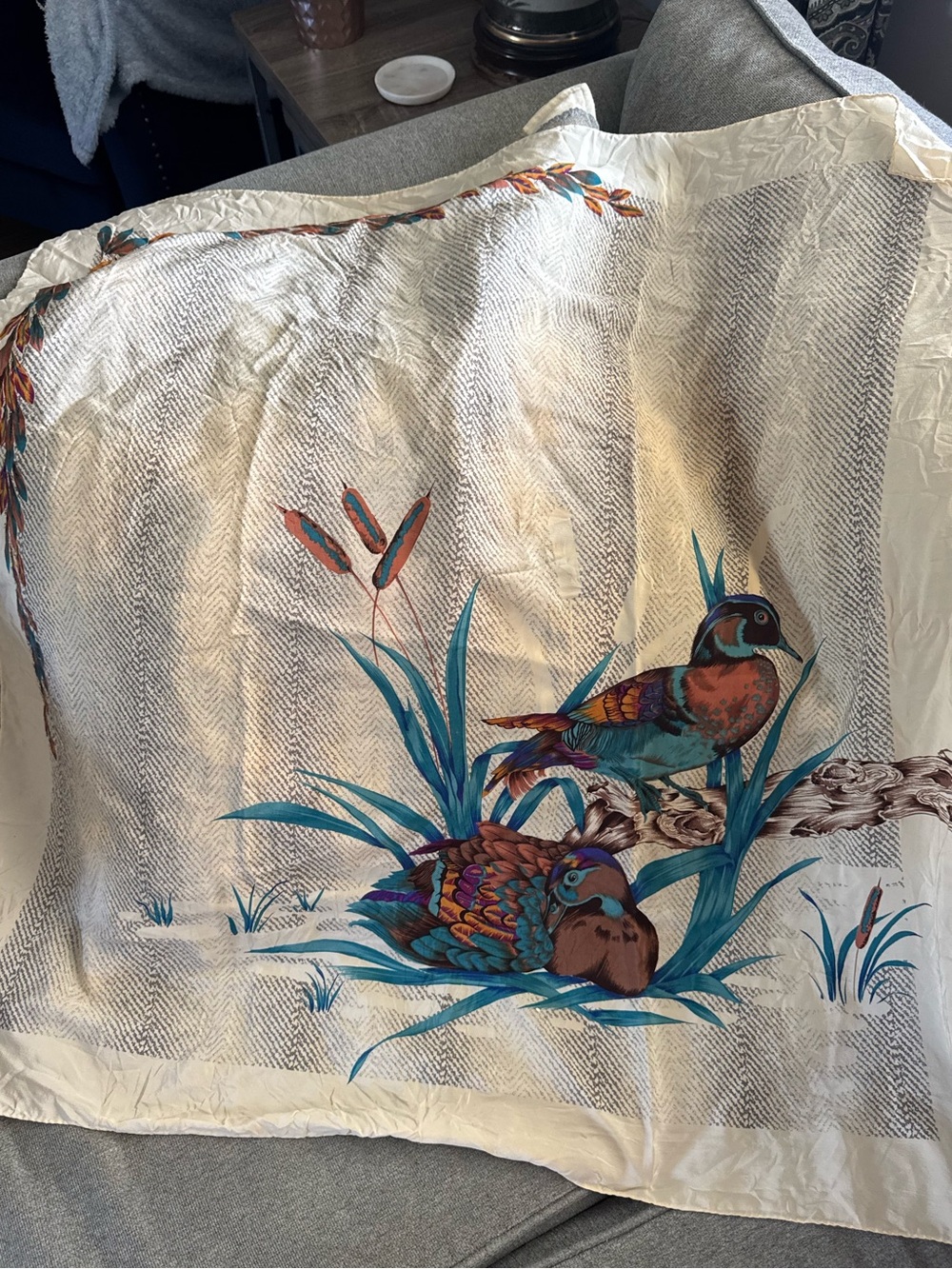 100% Silk Scarf with Teal & Brown Bird Duck? Motif made in Italy